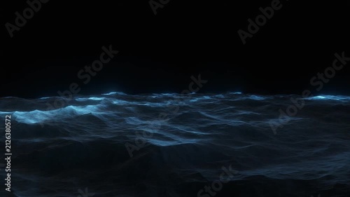 Dark abstract ocean waves featuring glowing blue bioluminescent crests undulating across a black background in a digital 3D fluid simulation.