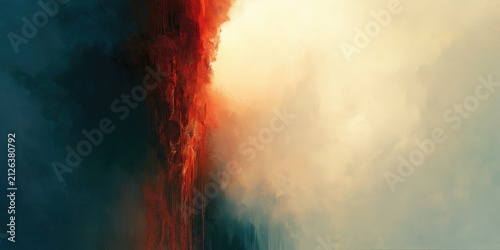 Abstract fiery explosion of red and orange against a dark blue and yellow background.