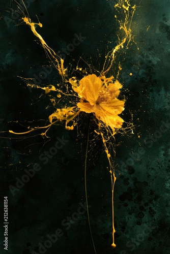 Abstract Yellow Flower Explosion Against Dark Background.
