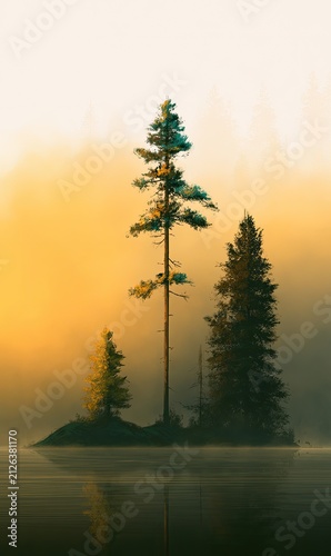 Misty Morning Sunrise Over Serene Lake with Evergreen Trees.