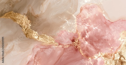Abstract Pink and Gold Fluid Art with Marble Texture.