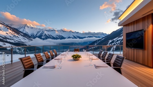 premium meeting room, outside snow covered mountains glowing behind soft morning clouds.