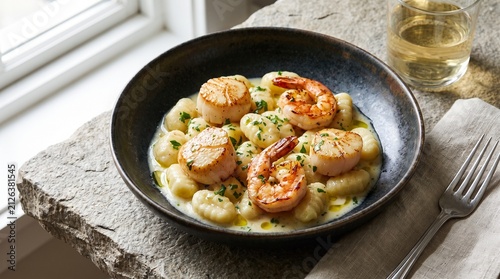 Delicious Seared Scallops and Shrimp Gnocchi in Creamy Butter Sauce Served on Dark Ceramic Plate