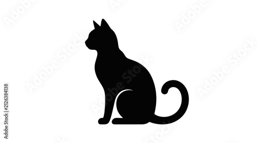 Bild auf Leinwand Cat silhouette sits calmly with its tail curled, presented as a clean black graphic on an isolated white background