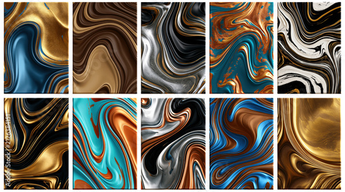 Luxury Gold Teal and Black Marble Swatch Set, isolated on transparent background, png