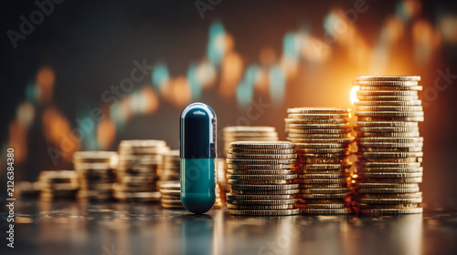 A single blue and black medical capsule standing among rising stacks of golden coins on table.