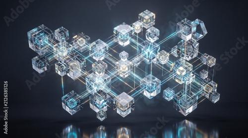 Dynamic visualization of a luminous blue data network connecting multiple abstract crystalline nodes, symbolizing global communication and advanced information processing in a digital environment