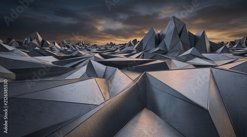 Dynamic abstract landscape of sharp, faceted geometric structures under a captivating, energetic sunset sky, creating a powerful and futuristic visual experience with complex angles