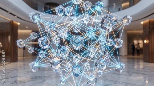 Abstract digital network structure with glowing glass blocks and luminous connections floating in modern interior background