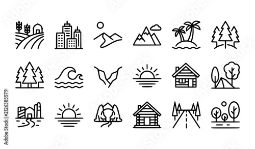 Quadro su tela Modern Landscape Thin Line Icon Collection with Nature City and Travel Symbols