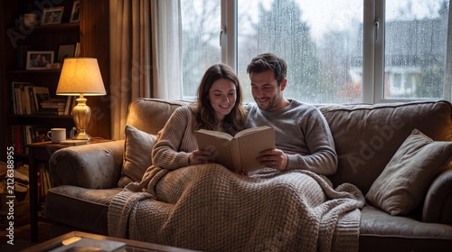 Cozy Rainy Day Reading: A couple shares a tender moment, nestled under a warm blanket on a sofa, engrossed in a book as rain patters against the window.