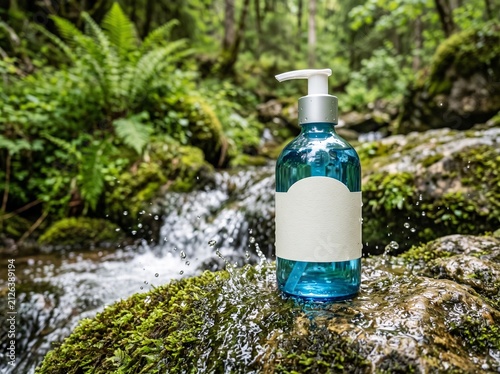 Hyper-realistic outdoor product shot, transparent blue glass pump bottle, blank curved label with no text, standing on a moss-covered wet rock beside a small natural waterfall stream, water splashes