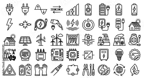 Renewable Energy Electrical Power and Charging Icons Minimal Monoline Vector Set