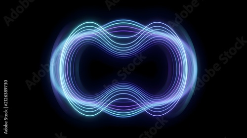 Glowing neon waves form an abstract shape against dark background
