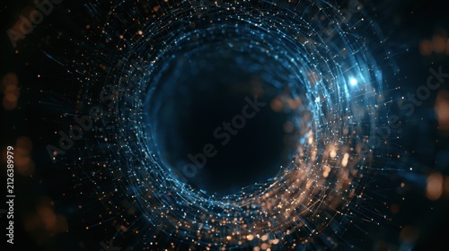Abstract digital network tunnel with glowing blue and gold light particles connected lines technology background data transmission cyber security big data visual concept background