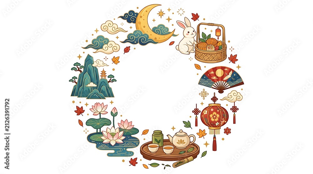 Fototapeta premium Mid-autumn festival round floral border with moon and rabbit tea set festival