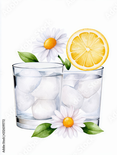 Watercolor glass ice lemon daisy leaf drink close up, two clear tumbler with citrus slice, flower, green foliage on white background