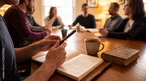 Shared Understanding: A group of individuals gathered around a wooden table, engaged in deep conversation, fostering a sense of community and shared purpose with books and coffee cups on the table.
