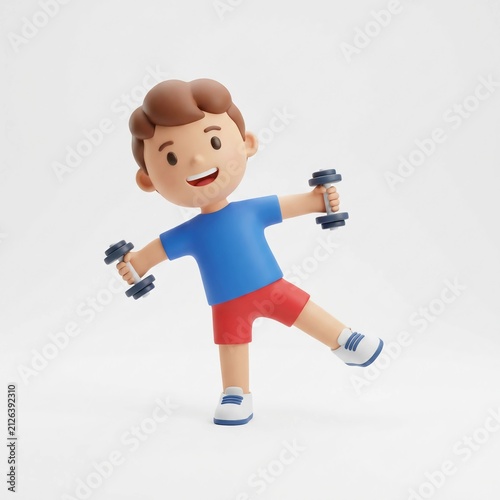 3D cartoon boy exercising with dumbbells, cute child character lifting weights for fitness, healthy lifestyle illustration for kids sports