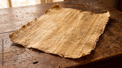 Ancient Parchment Scroll: A weathered parchment scroll lies on a rustic wooden surface, its textured fibers and frayed edges whispering tales of history and lost knowledge.