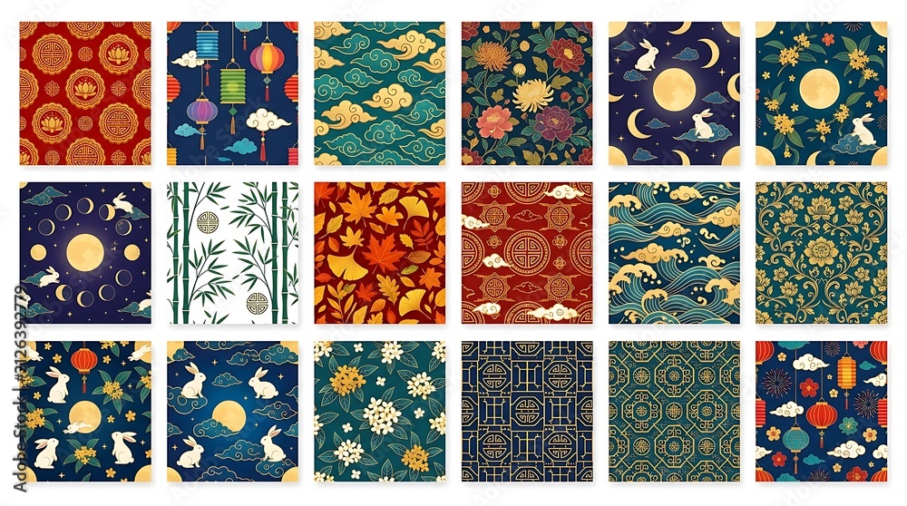 Mid-autumn festival seamless pattern collection with rabbits and moons, festival