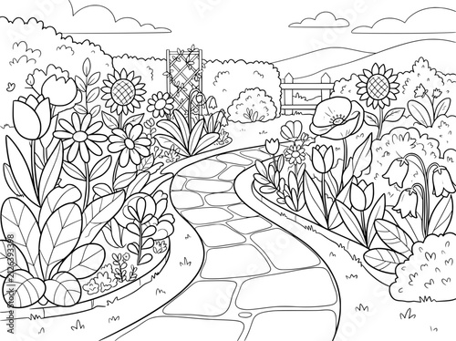 Garden path with blooming flowers line art coloring page