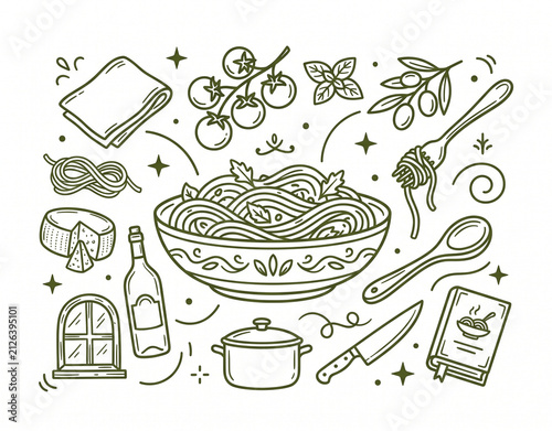Italian Pasta Concept Line Art Vector with Spaghetti Bowl, Cherry Tomatoes, Cheese, Olive Oil, Fork, and Recipe Book Icons