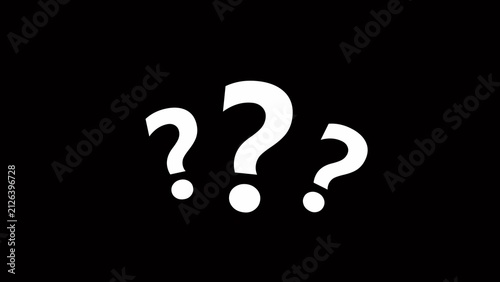 Fotografie Three white question marks centered on a solid black background