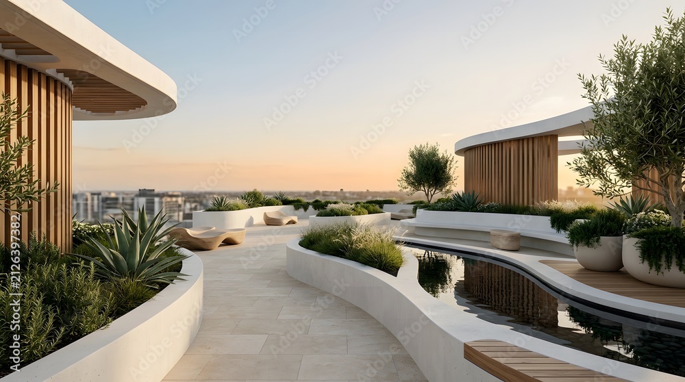 Fototapeta premium Modern Luxury Rooftop Garden and Terrace Design with Curved White Architectural Features Water Stream and City View at Sunset