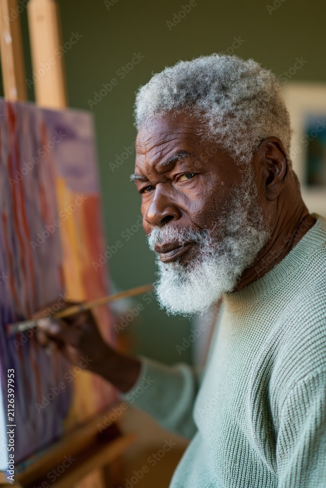 Obraz premium Elderly male artist painting on canvas in a sunlit studio contemplative portrait for poster background and creative hobby design