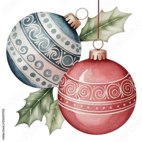 Vintage Christmas Ornaments with Hand Painted Festive Patterns Watercolor Illustration on Transparent Background
