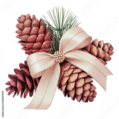 Rustic Pine Cone Arrangement with Greenery and Elegant Ribbon Watercolor Illustration on Transparent Background