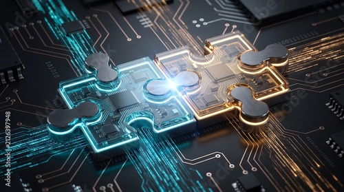 Enterprise system compatibility featuring interlocking glowing glass microchip puzzle pieces on dark circuit motherboard
