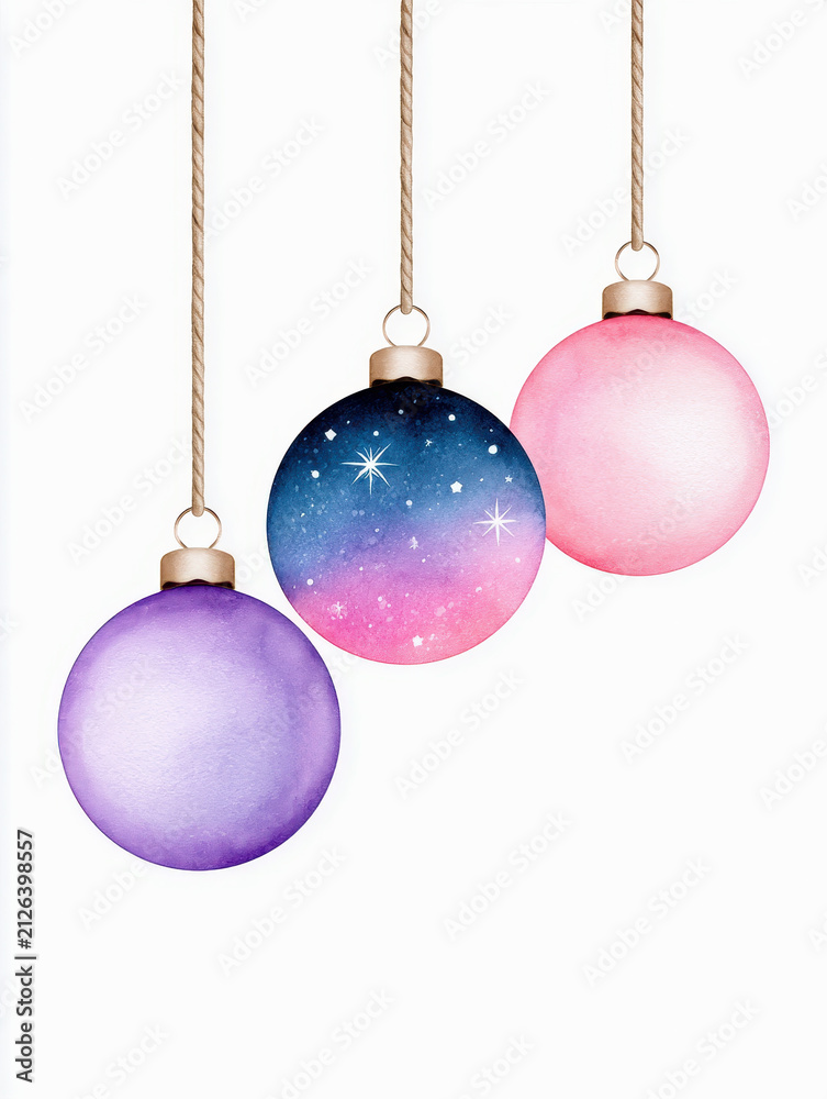 Obraz premium Ornament bauble Christmas watercolor hand drawn texture rope pink purple ball hanging on white background for festive craft design