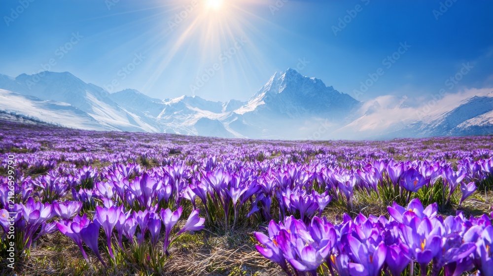 Obraz premium A serene encounter: crocuses amidst majestic snowy peaks. High r
