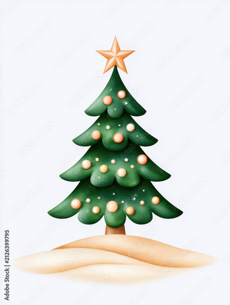 Fototapeta premium Christmas tree hand drawn cute texture craft star ornament snow green holiday illustration with orange bauble on white background