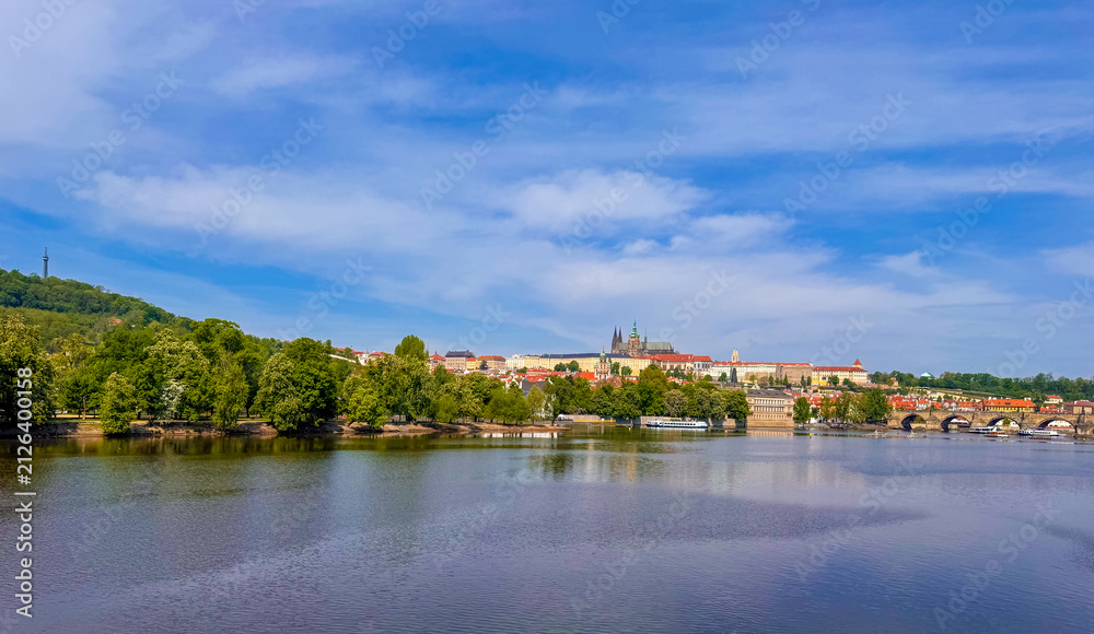 Fototapeta premium Exploring the Vltava river view in Prague Czech Republic near the dam area
