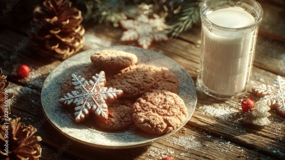 Fototapeta premium Christmas cookies and milk on rustic wooden table,