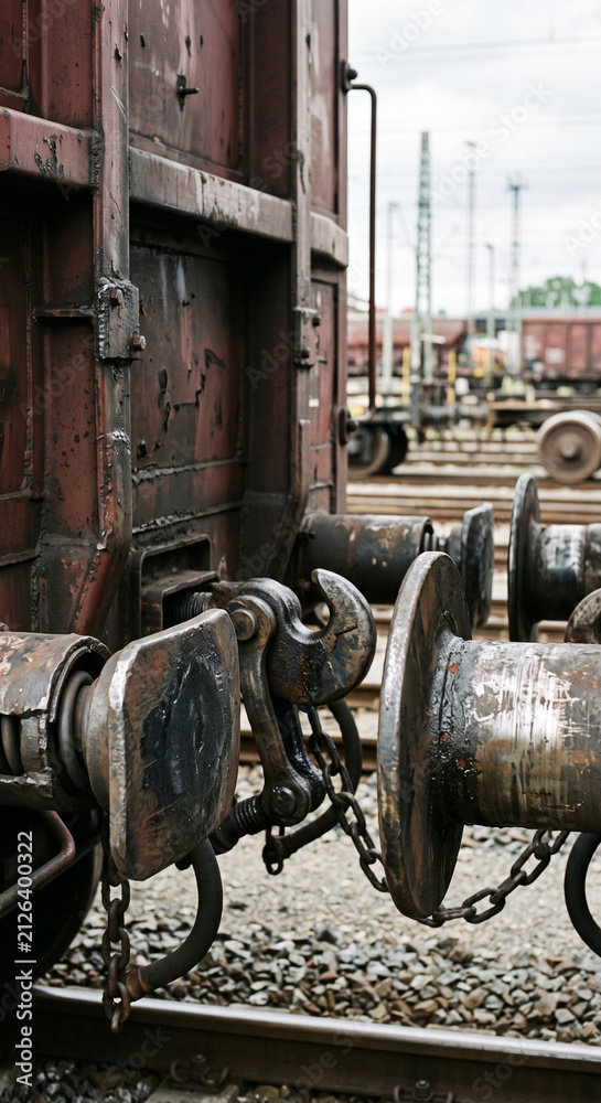 Fototapeta premium Freight wagon buffers and central coupler close-up between railcars showing robust mechanical connections for heavy cargo trains
