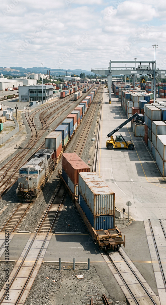 Naklejka premium High vertical view of a long intermodal freight train in a large rail terminal surrounded by shipping containers and logistics infrastructure