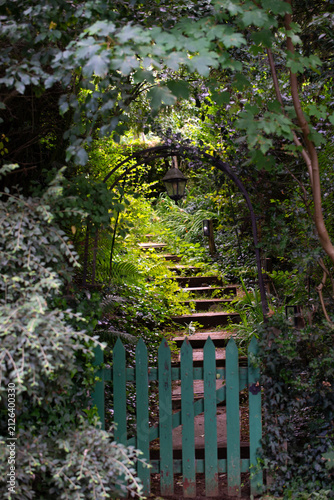 Obraz na plátne A weathered green gate opens to a mysterious garden stairway beneath a leafy arch, inviting the viewer into a quiet, hidden world