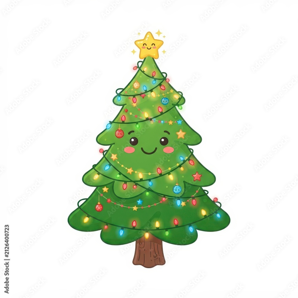 Fototapeta premium Cute Christmas tree with smiling face and lights
