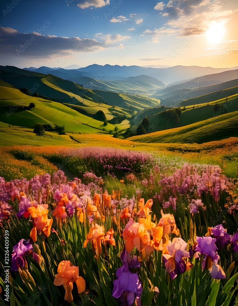 Obraz premium Stunning Sunrise Over Vibrant Iris Flower Field in Rolling Mountains.