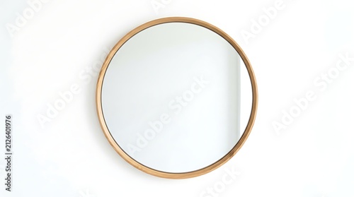 Elegant round oak framed wall mirror isolated on white background decor