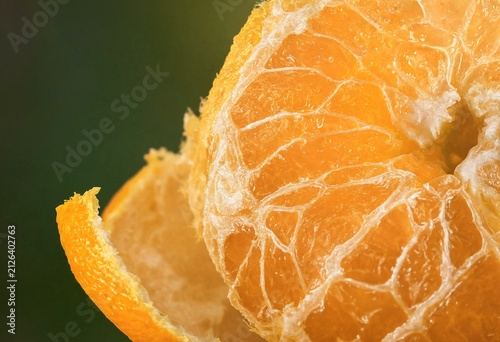 Closeup macro shot of a peeled citrus fruit revealing its juicy segments and pithy white interior structure