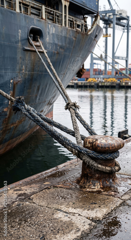 Obraz premium Vertical close-up of thick mooring ropes secured from a container ship to a rusted quay bollard during safe cargo vessel berthing