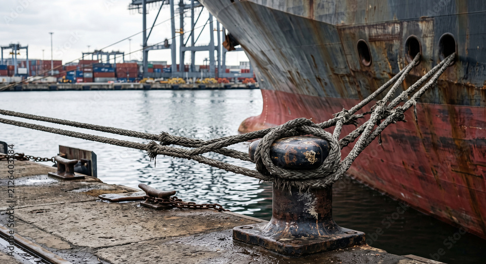 Obraz premium Close view of heavy mooring ropes wrapped around a quay bollard beside a weathered container ship hull in an industrial harbor