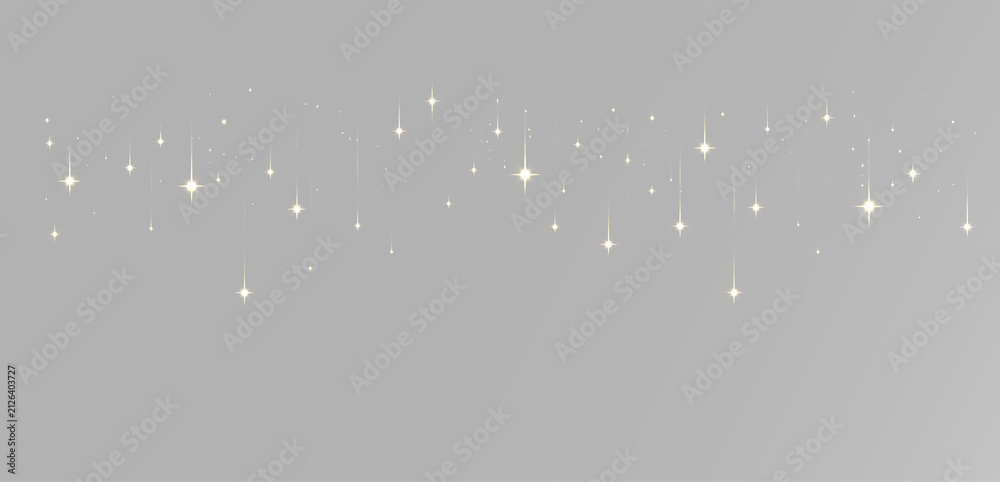 Fototapeta premium Hanging golden stars with thin vertical light streaks, glowing sparkles, falling lights and soft magical shimmer