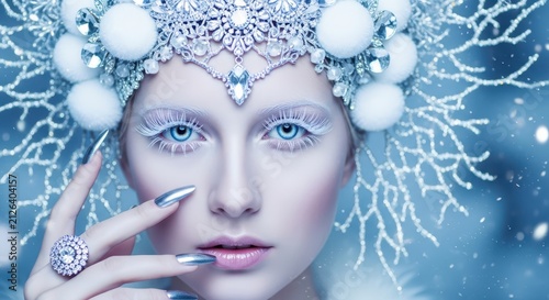 Beautiful Snow Queen Portrait with Icy Crown, White Eyelashes, and Silver Nails in Winter Fantasy Setting