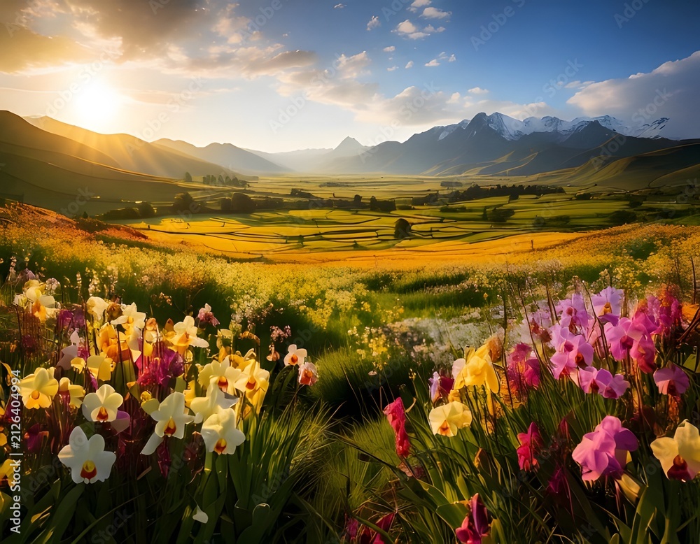 Obraz premium Stunning sunset over a vibrant flower meadow in the mountains.
